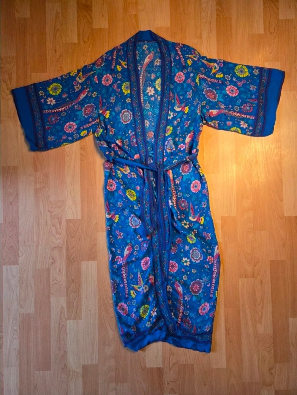 Cotton floral/bird print kimono robe
